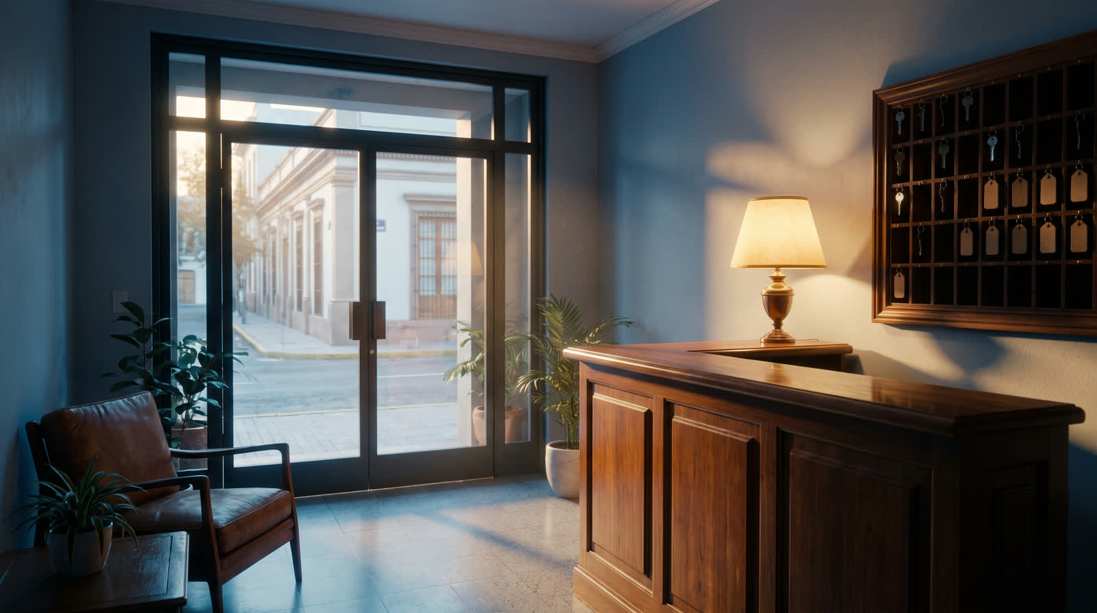 Conserjería de un edificio residencial, ordenada, con la luz del amanecer